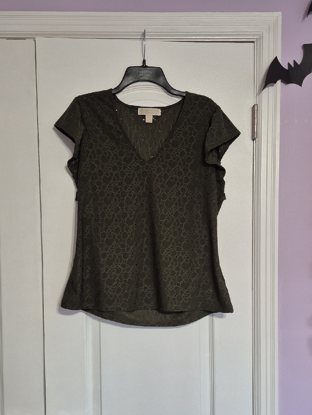 MICHAEL KORS Women's Olive Green Lace Flutter Sleeve V-Neck Top